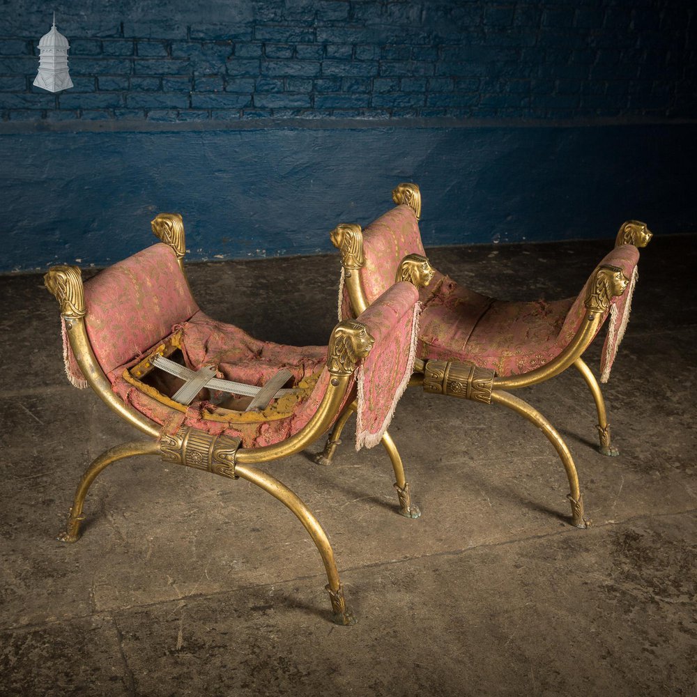 NR53521: Pair of Vintage Brass Lion Head and Paw Detail X Frame Stools for Upholstery