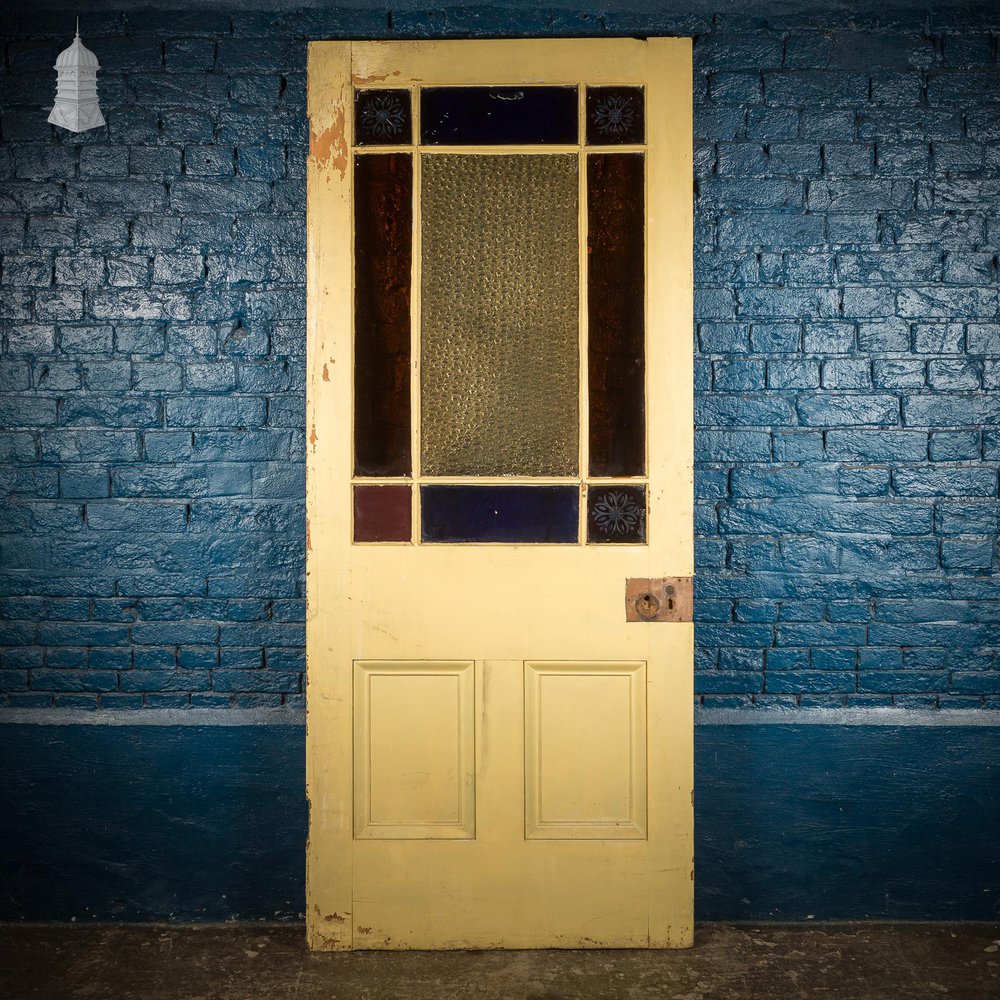 NR57421: 19th C Half Glazed Panelled Door with Coloured and Textured Glass