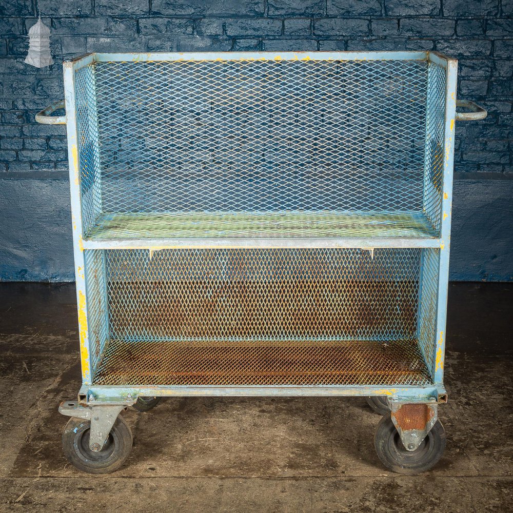 NR60521: Vintage Industrial Blue Steel Trolley Mobile Shelving Unit