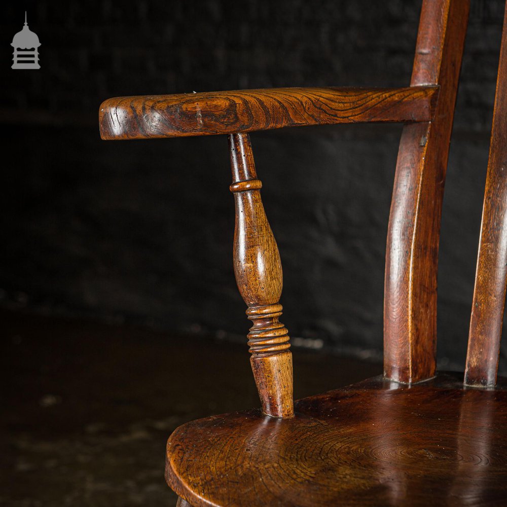 19th C Lath Back Windsor Armchair With H Stretcher and Turned Arm Supports