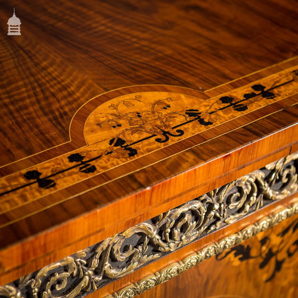 19th C French Empire Walnut Credenza with Intricate Marquetry and Brass Reliefs