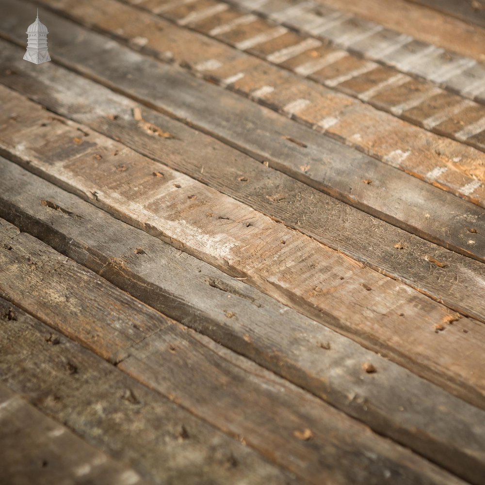 NR46621: Batch of 40 Square Metres of Narrow Pine Strip Wall Cladding Cut from Victorian Joists with Lath and Plaster Marks