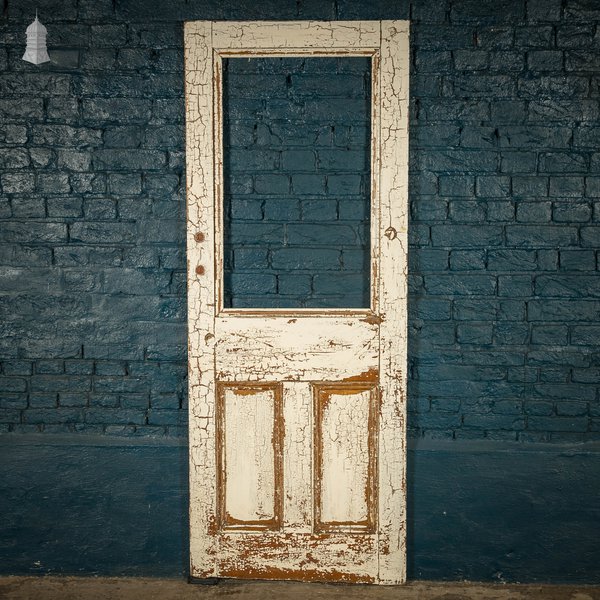 Half Glazed Door, 3 Moulded Pine Panel Distressed Crackled Paint