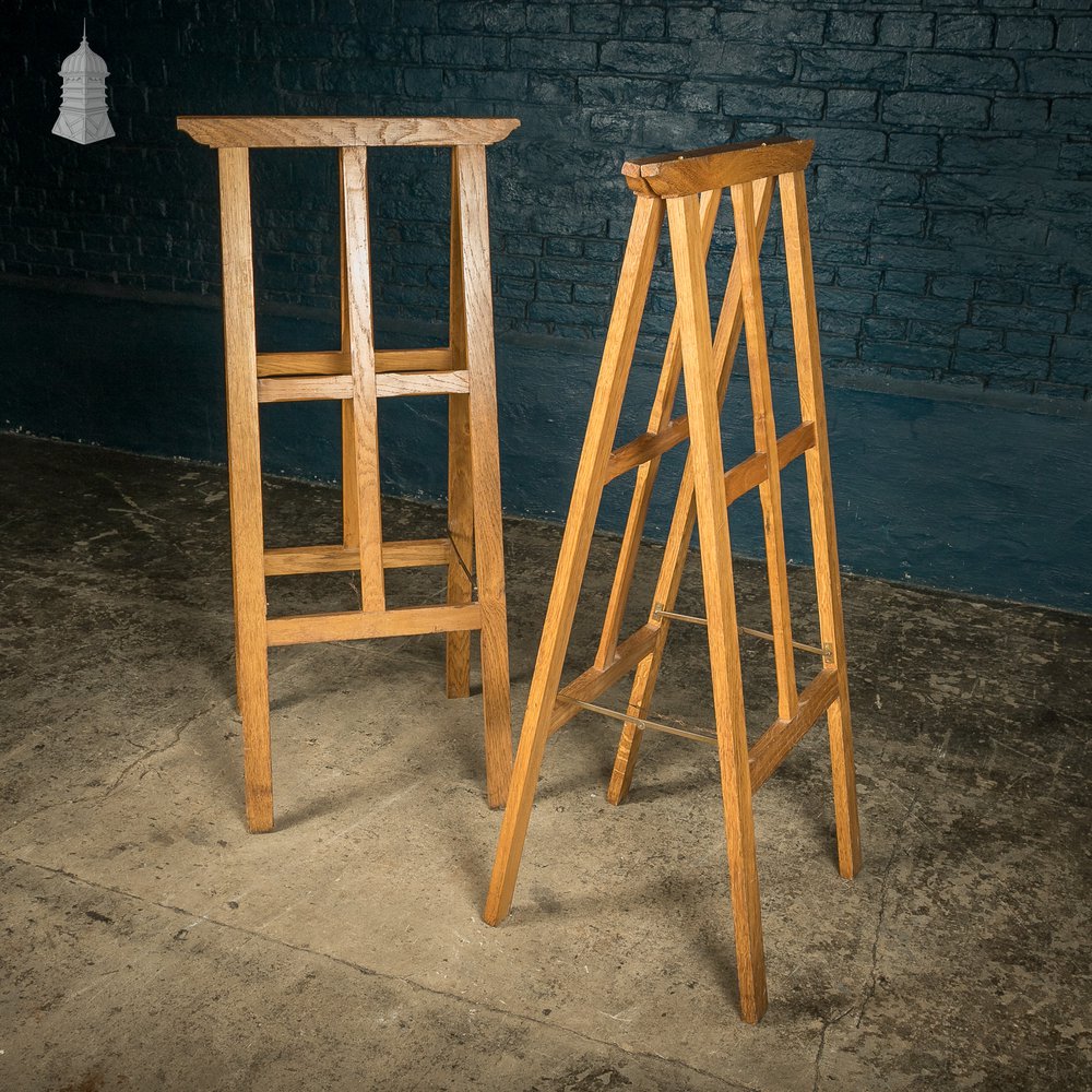 Tall Trestle Coffin Stands, 19th C Oak with Brass hardware, Pair