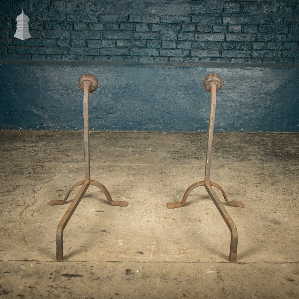 Fire Dog Andirons, 19th C Wrought Iron, Pair