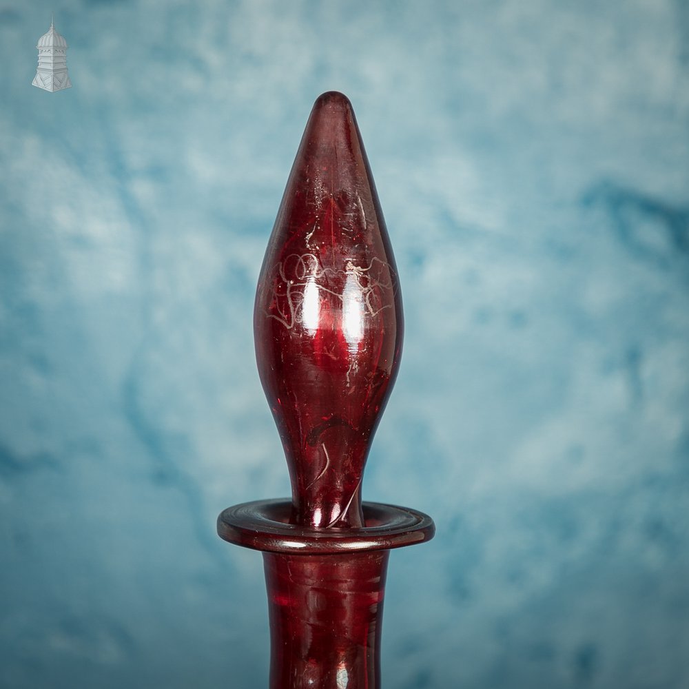 Bohemian Ruby Decanters, Etched Flashed Ruby Red Glass Decorated with Grapes and Vines, 19th C