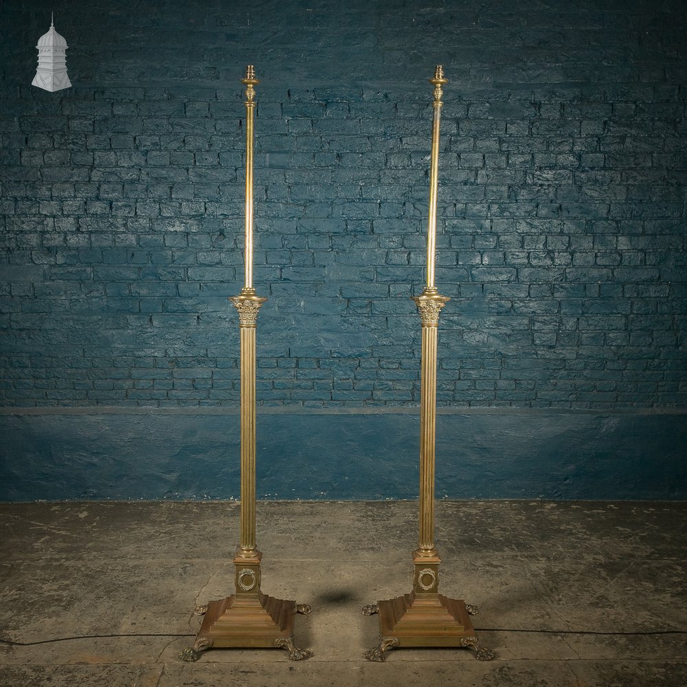 Brass Standard Lamps by Elkington & Co, Adjustable 19th C Neo Classical Corinthian Columns with Paw Feet