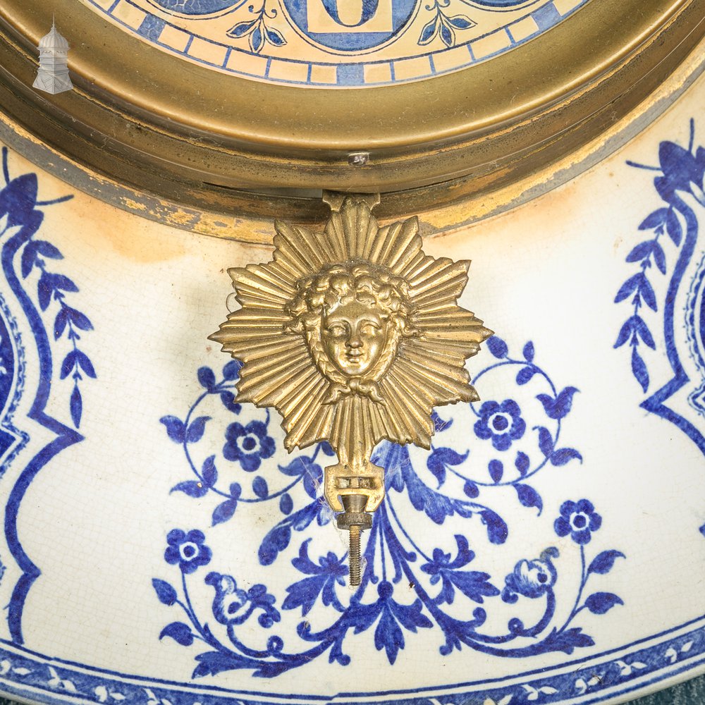 French Wall Clock, 19th C Brass and Blue and White Ceramic