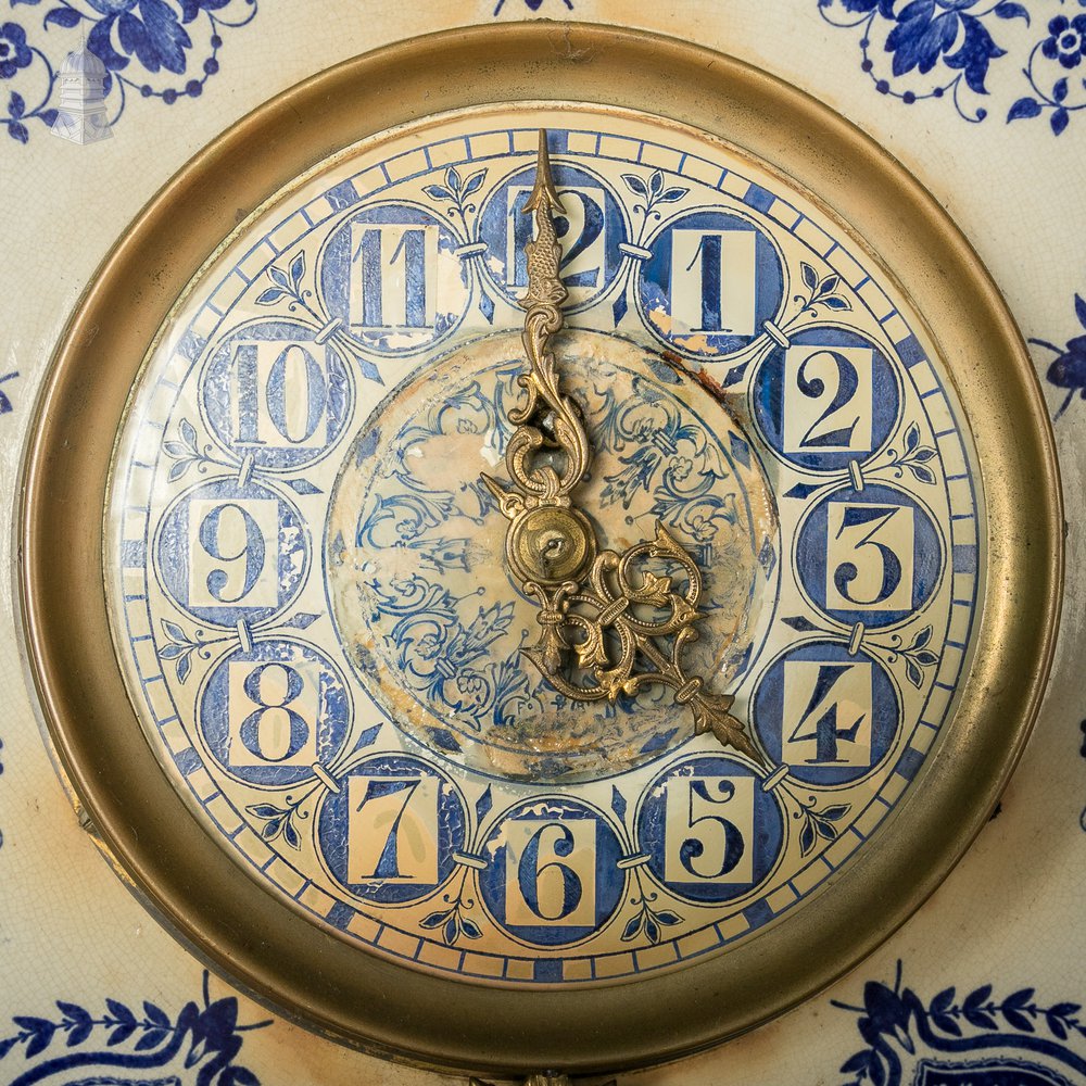 French Wall Clock, 19th C Brass and Blue and White Ceramic