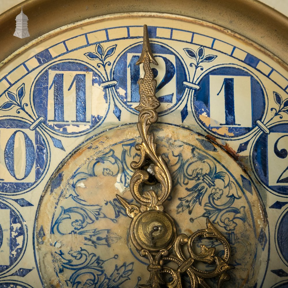 French Wall Clock, 19th C Brass and Blue and White Ceramic