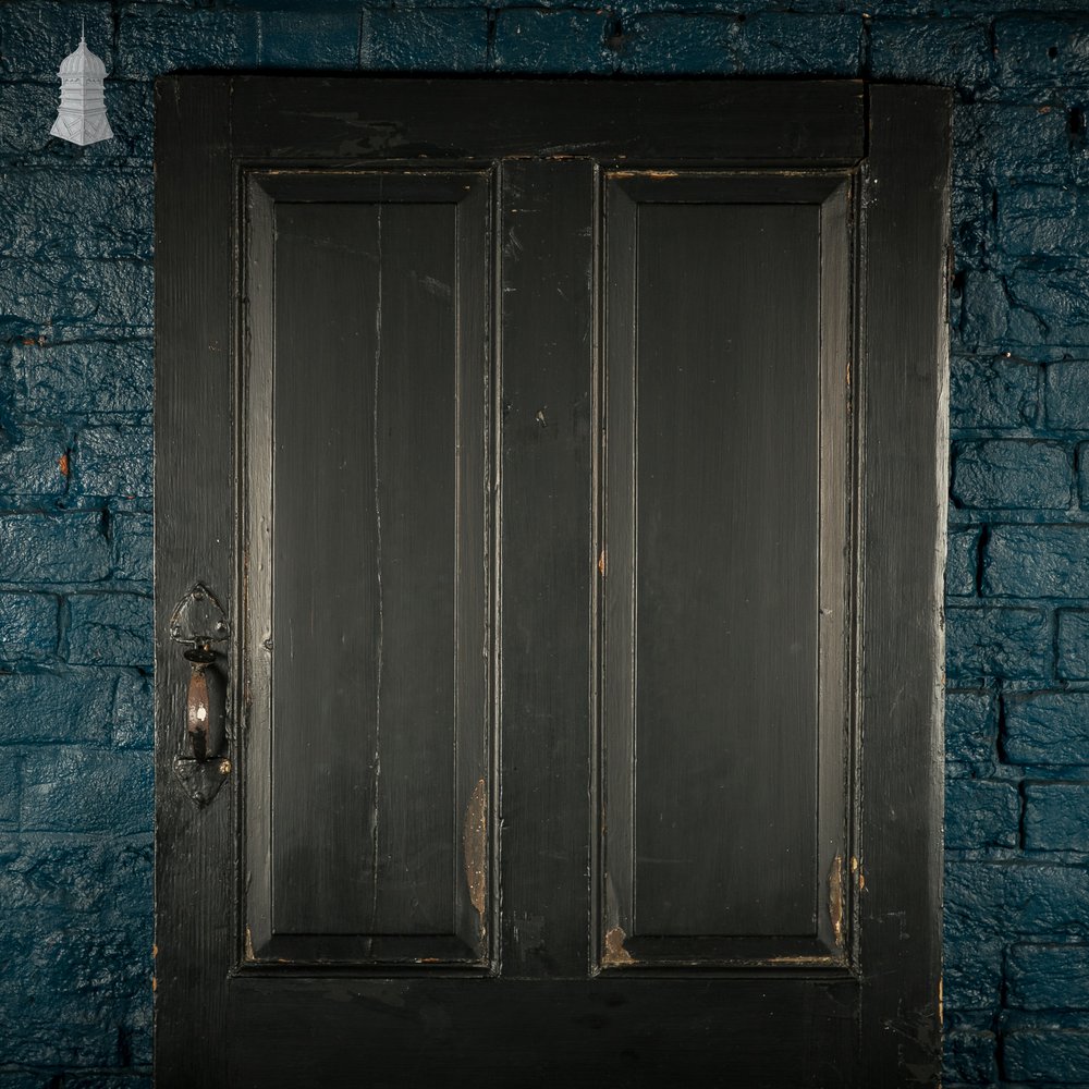Reclaimed 4-Panel Door – Distressed Black Paint, Moulded Panels, Suffolk Latch