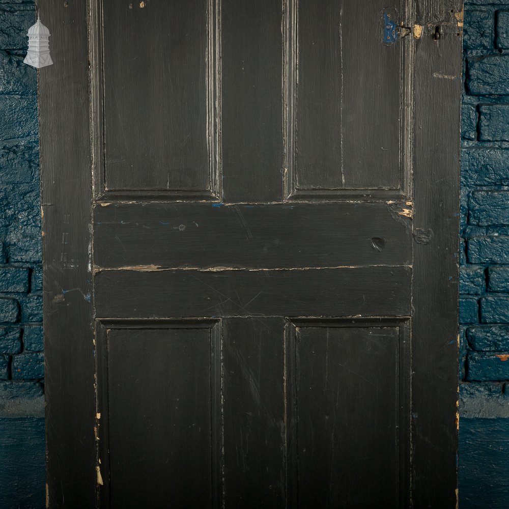 Reclaimed 4-Panel Door – Distressed Black Paint, Moulded Panels, Suffolk Latch
