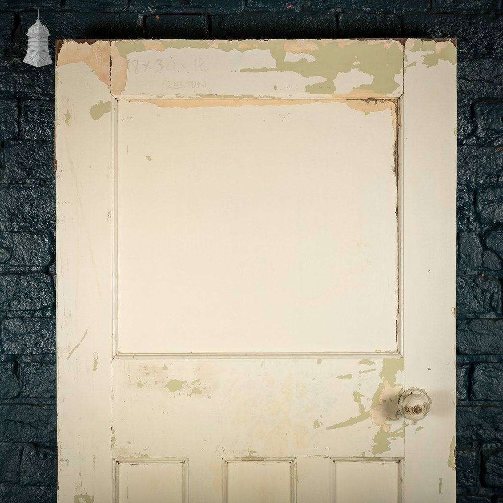 1930s 4-Panel Door – Distressed White, Beehive Handles, Original Locks & Hinges