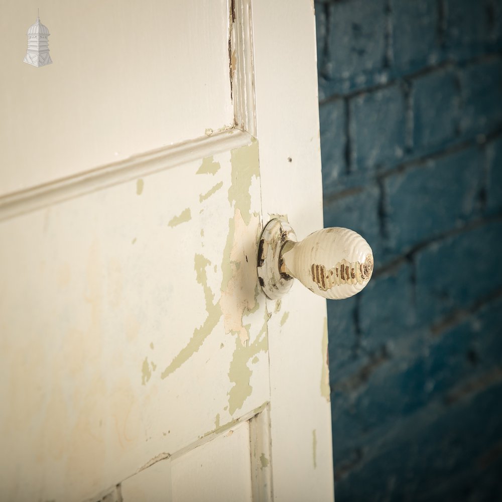 1930s 4-Panel Door – Distressed White, Beehive Handles, Original Locks & Hinges