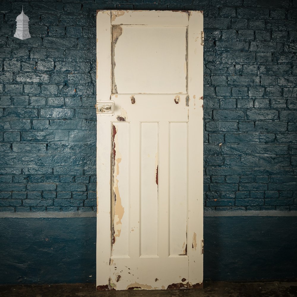 1930s 4-Panel Door – Distressed White, Beehive Handles, Original Locks & Hinges