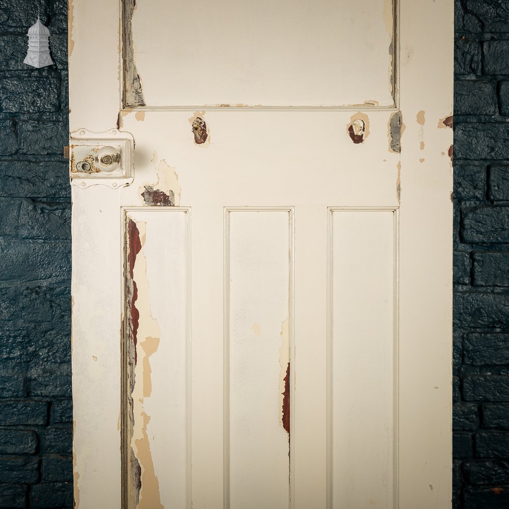 1930s 4-Panel Door – Distressed White, Beehive Handles, Original Locks & Hinges
