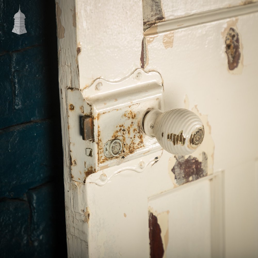 1930s 4-Panel Door – Distressed White, Beehive Handles, Original Locks & Hinges
