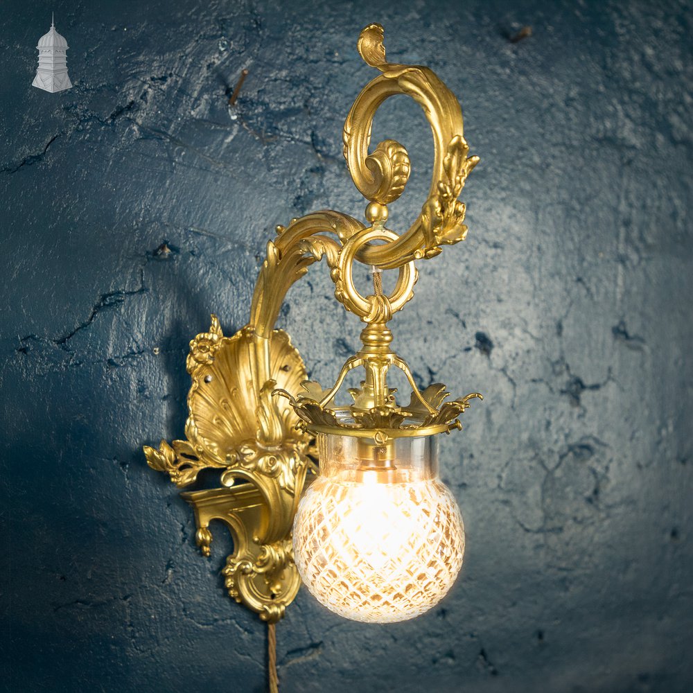 Rococo-style Wall Sconce Lamp, Cut Glass Shade
