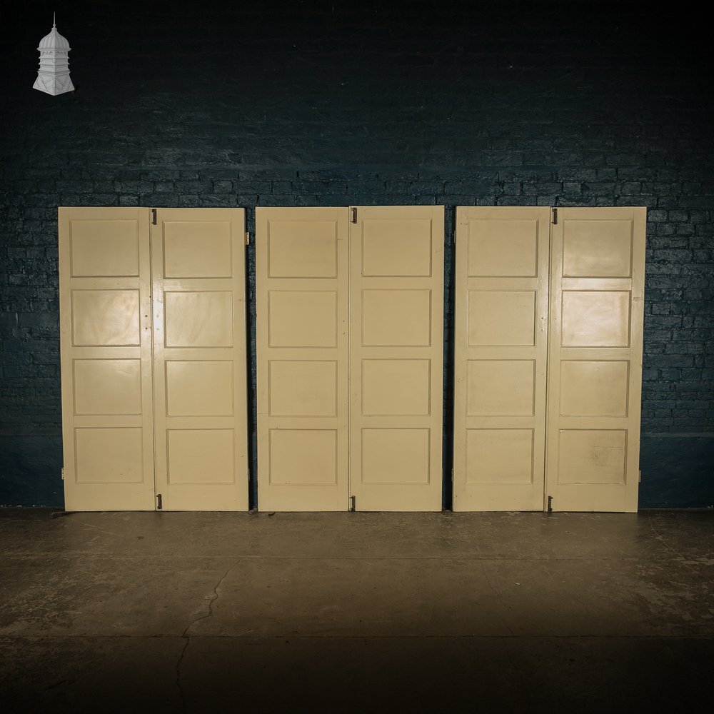 Pine Paneled Doors, 3 Pairs of 1920’s 4 Panel Painted Cupboard Doors