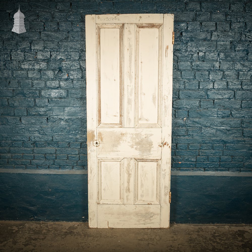 Moulded 4-Panel Door, Reclaimed, Distressed White Paint