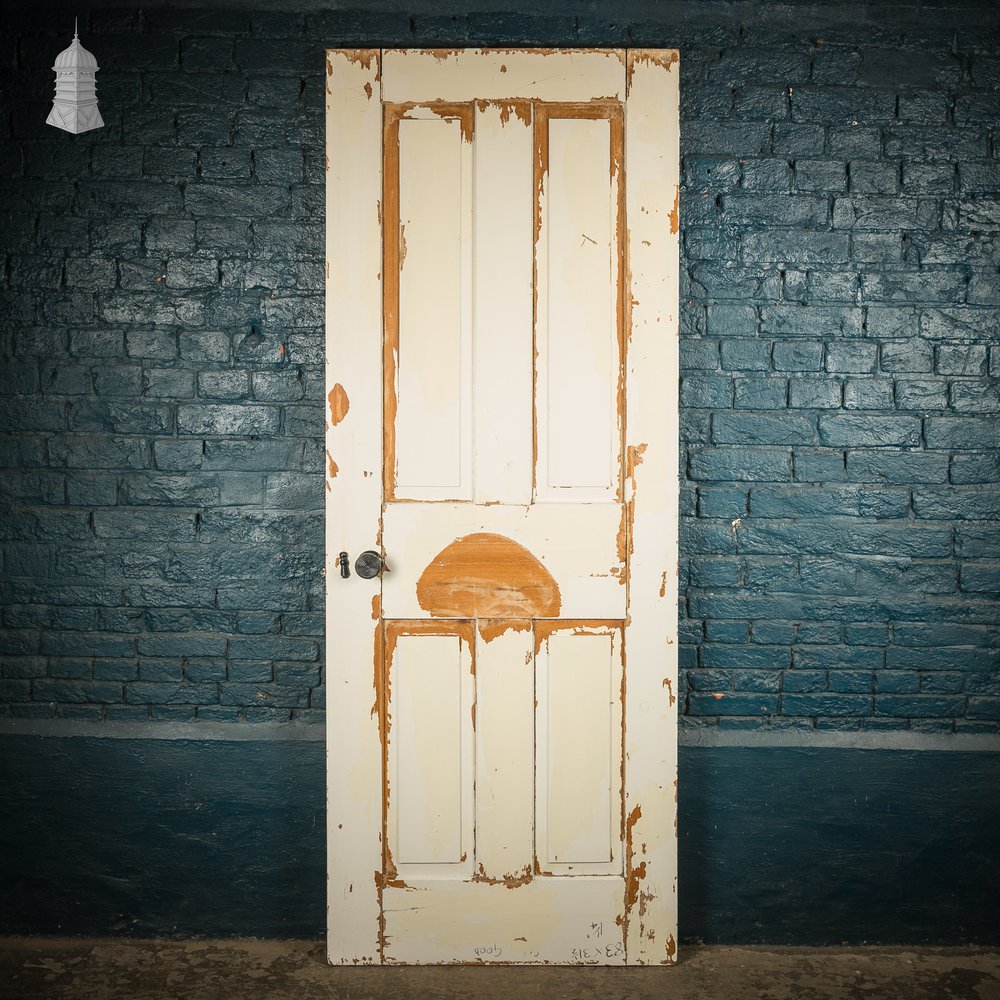 Moulded 4-Panel Door – Worn White Paint, Honey Pot Handles