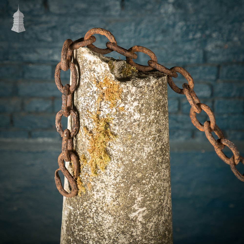 Stone Bollards & Chain, Weathered Architectual Salvage Feature.