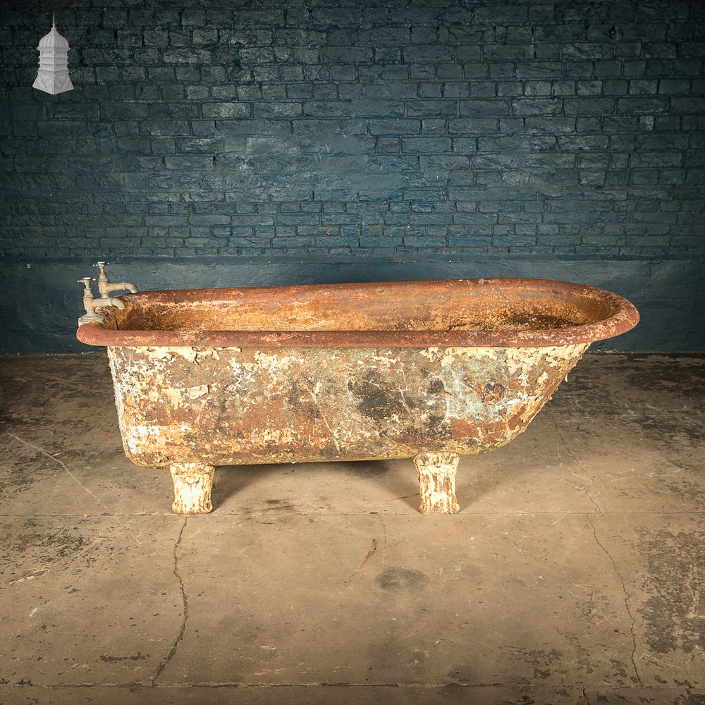 Roll Top Bath, Distressed Cast Iron with Original Taps