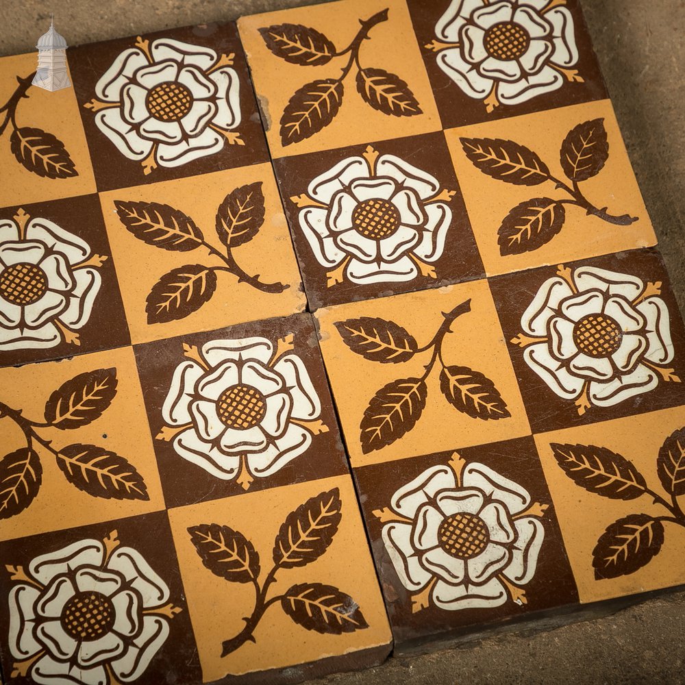Victorian Minton & Co Encaustic Tiles with Heraldic Rose Design