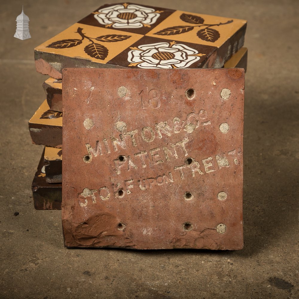 Victorian Minton & Co Encaustic Tiles with Heraldic Rose Design