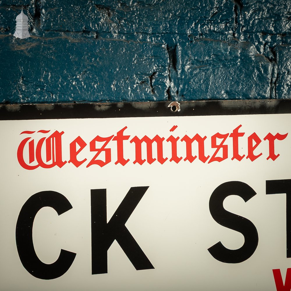 Original City of Westminster BRICK ST. Enamel Street Sign, Reclaimed London Street Name Plate
