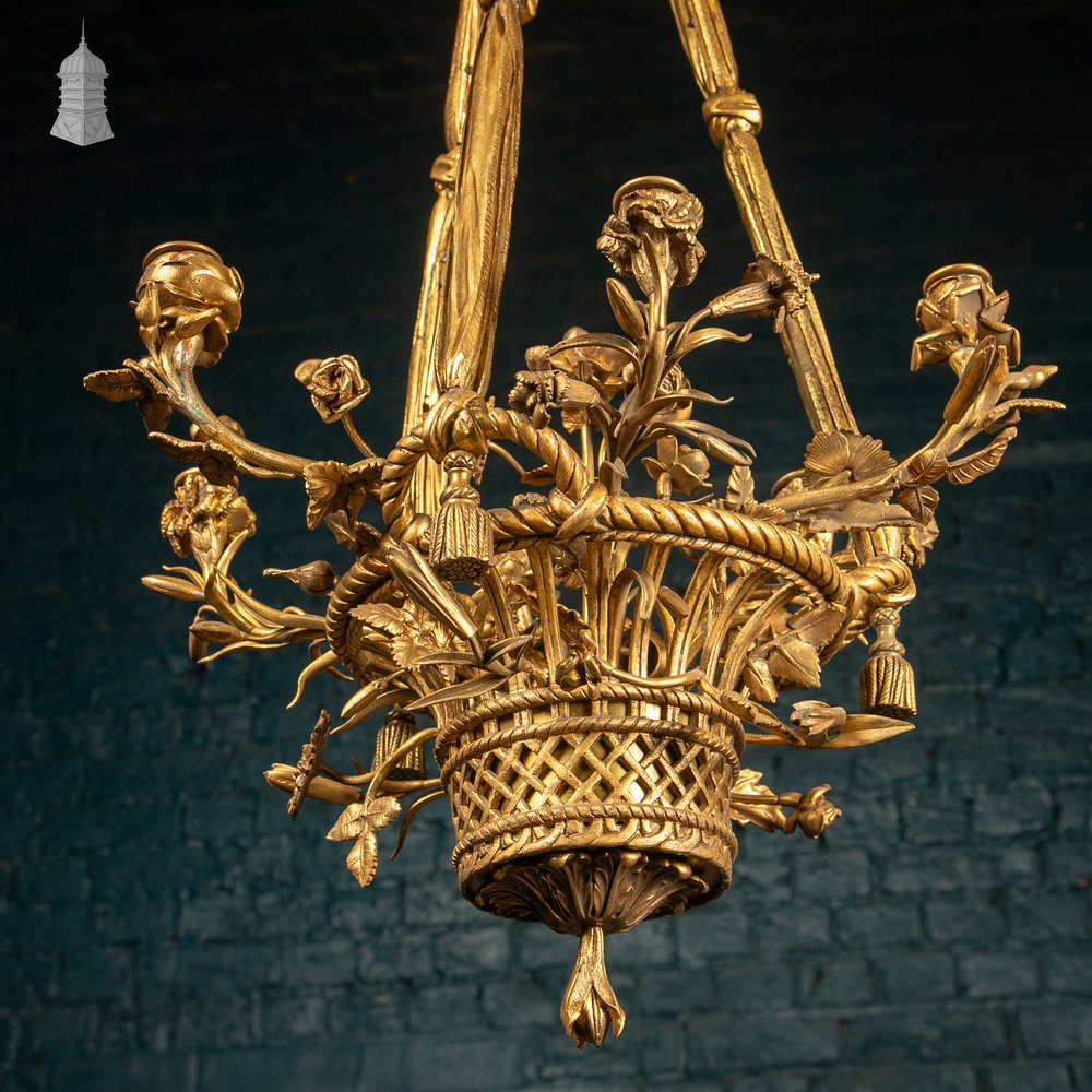 Antique Six Candle Basket Chandelier with Floral, Ribbon & Tassel Decoration