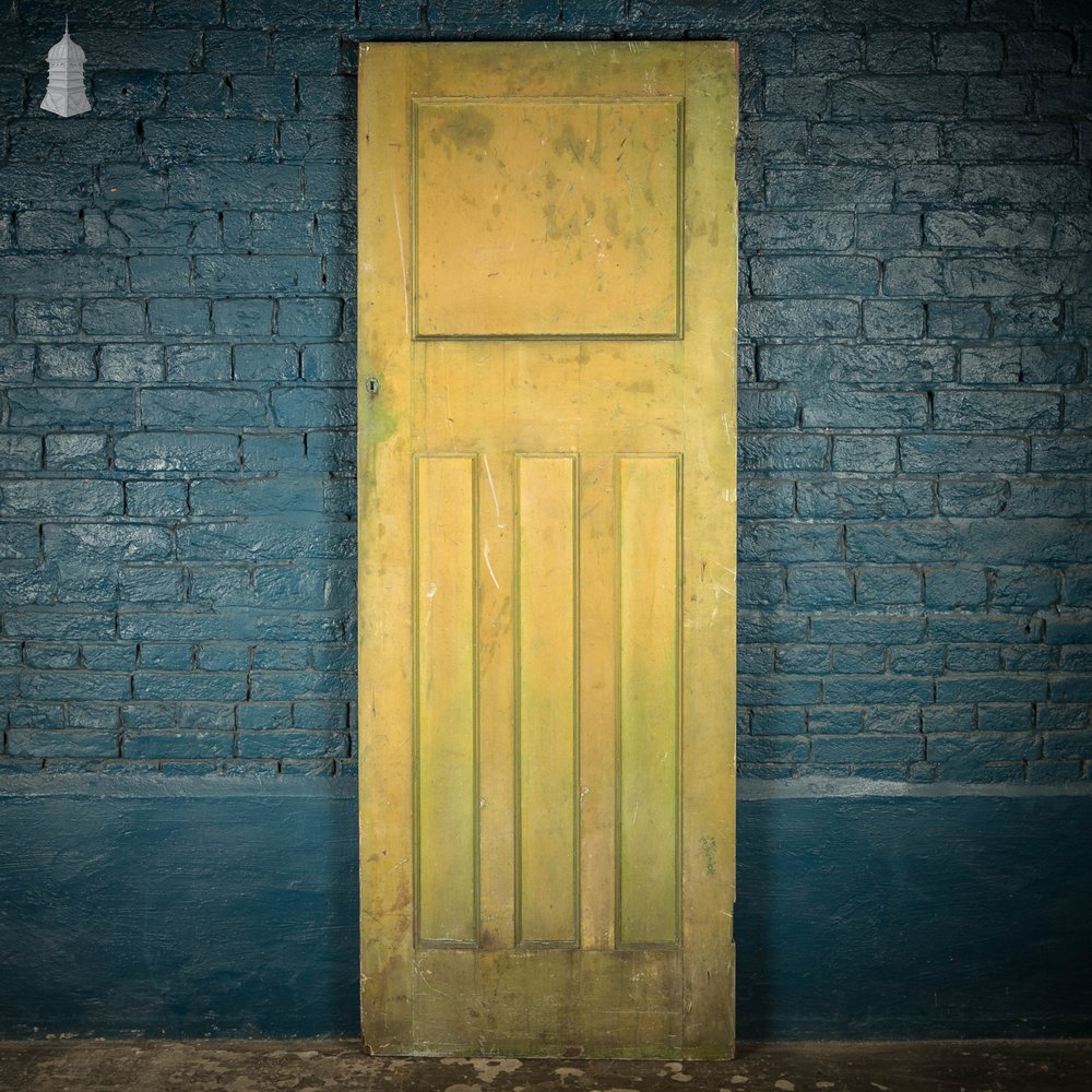 Pine Panelled Door, 1930s 4 Moulded Panels Green Stained Finish