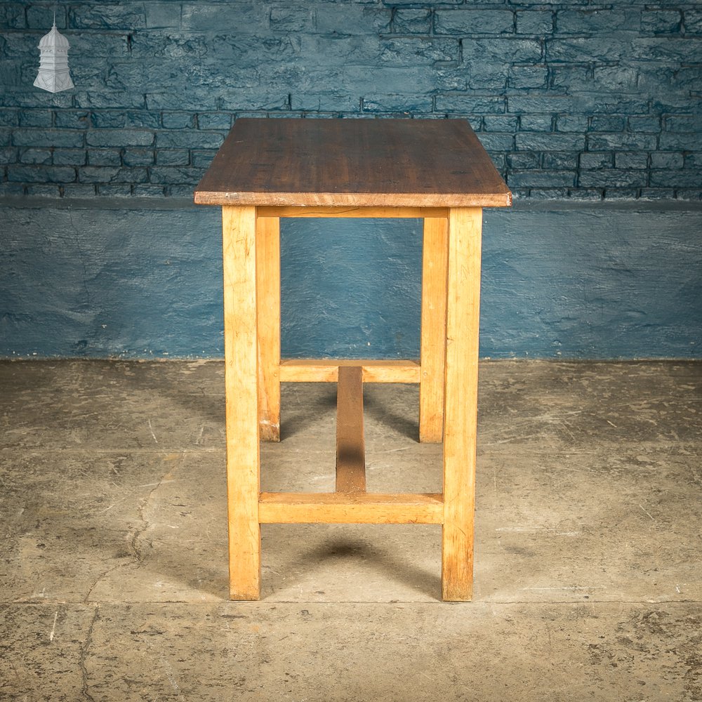 School Workbench Table, Beech H stretcher base with Iroko top, Mid Century