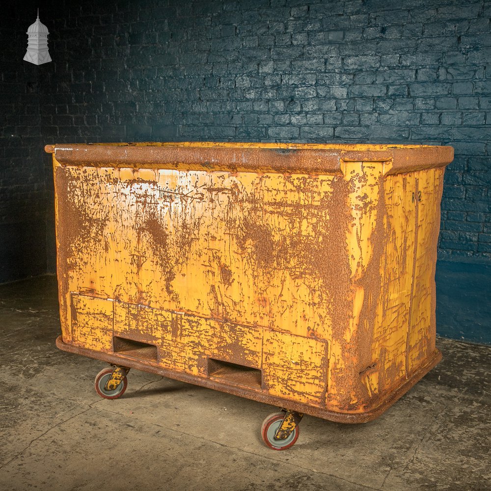 Wheeled Industrial Cart, Rusty Distressed Yellow Painted Steel, Factory Skip