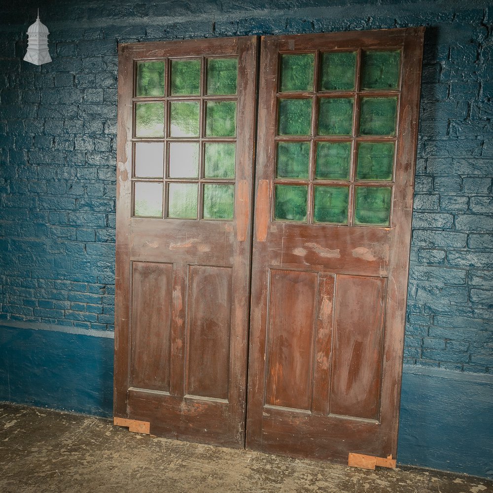 Glazed Double Doors, 19th C Pine with Green Glass