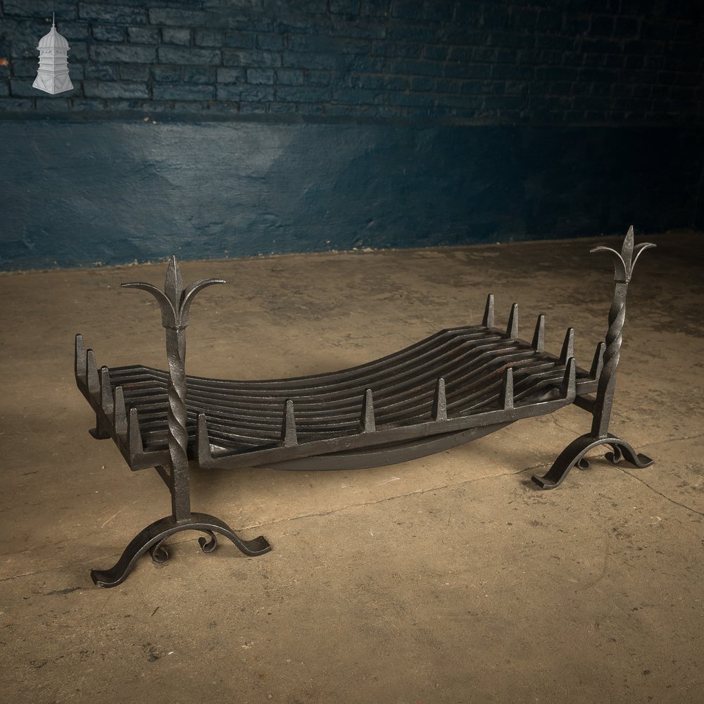 Fire Grate and Andirons, Cast Iron with Fleur de Lis detail