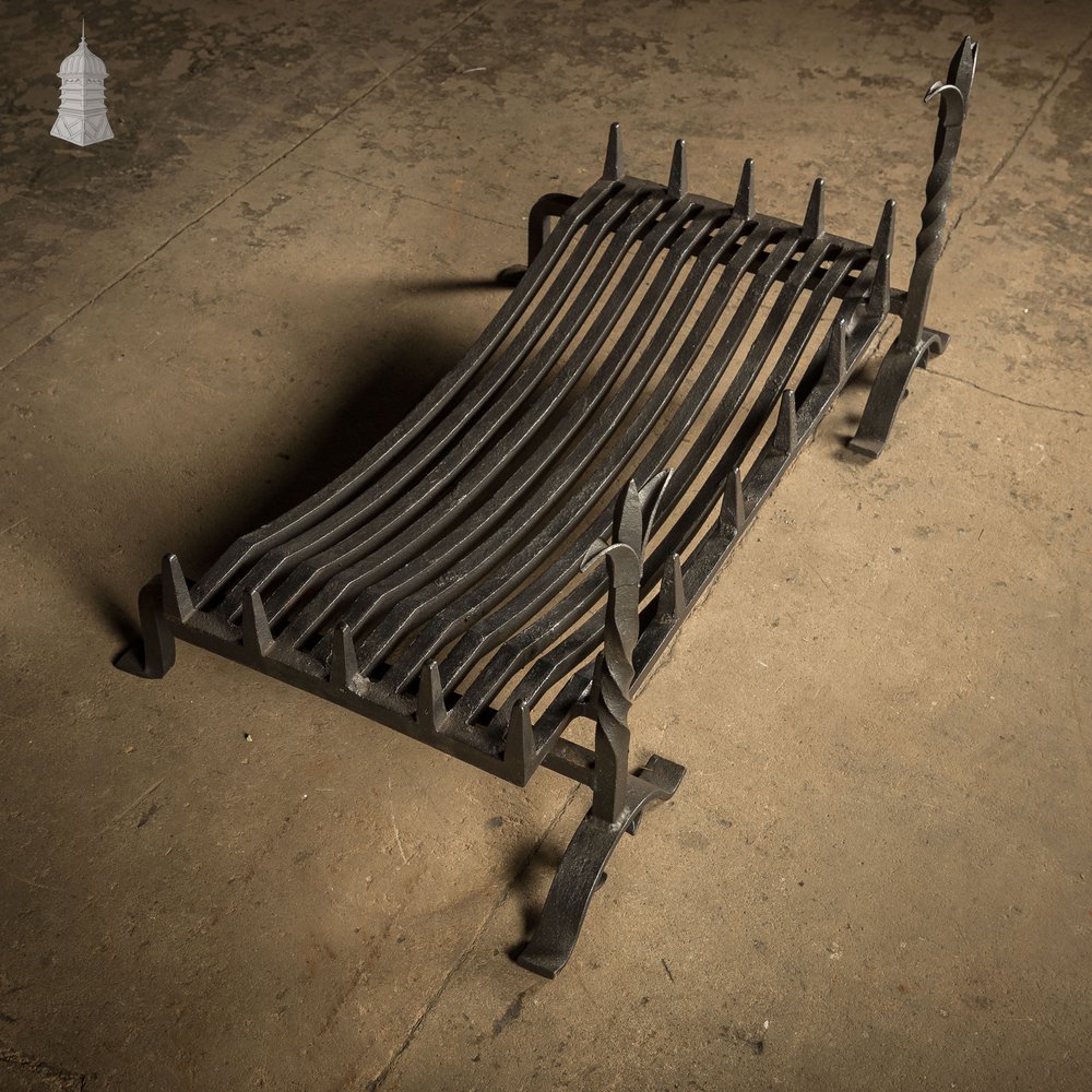 Fire Grate and Andirons, Cast Iron with Fleur de Lis detail