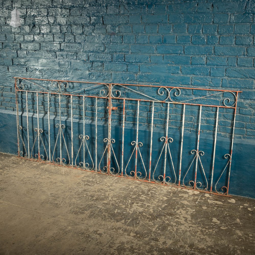 Wrought Iron Driveway Gates, Pair of 20th C Gates with Distressed Paint Finish