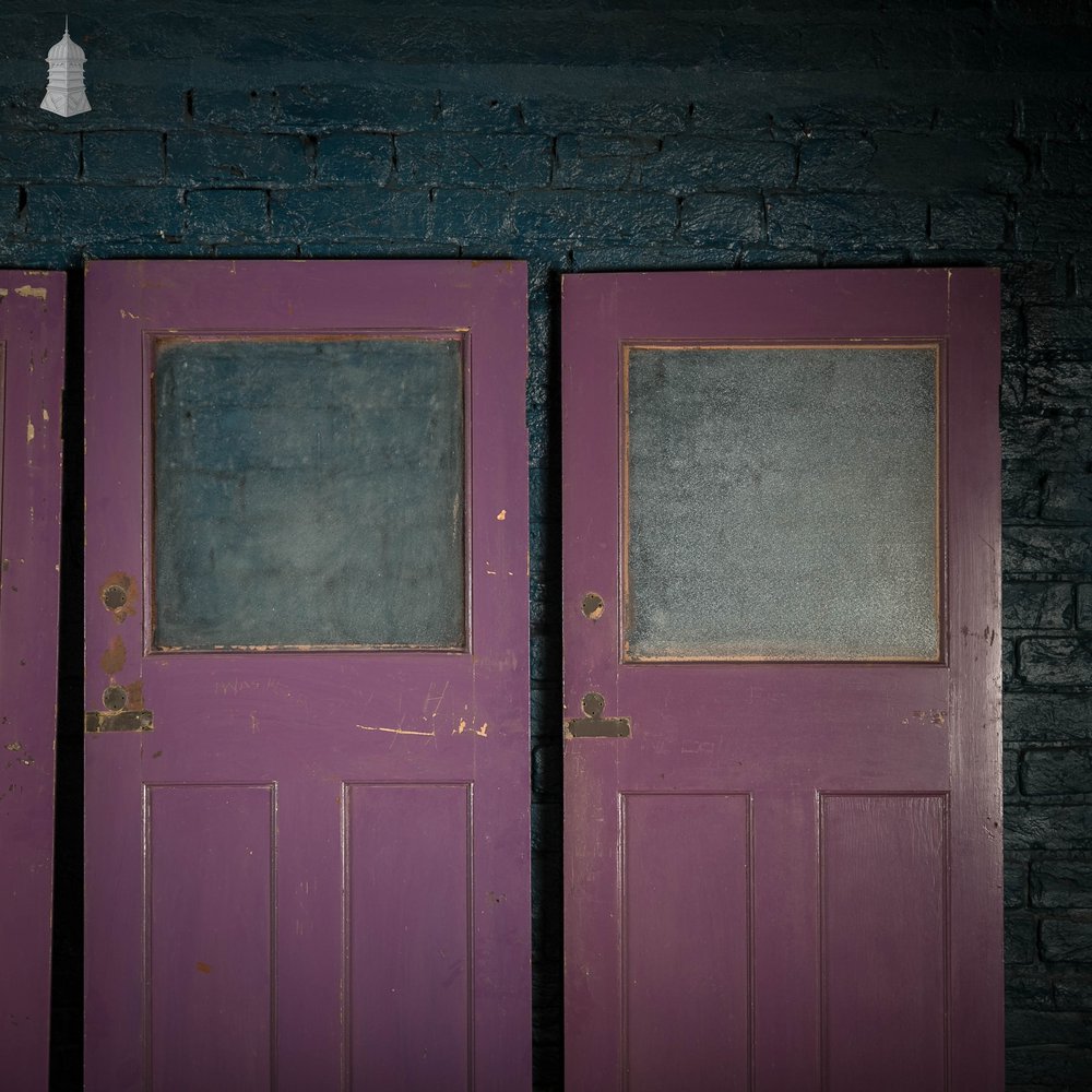 Half Glazed Doors, Batch of 4 Purple Painted Doors fitted with ‘Cathedral Style’ Textured Glass