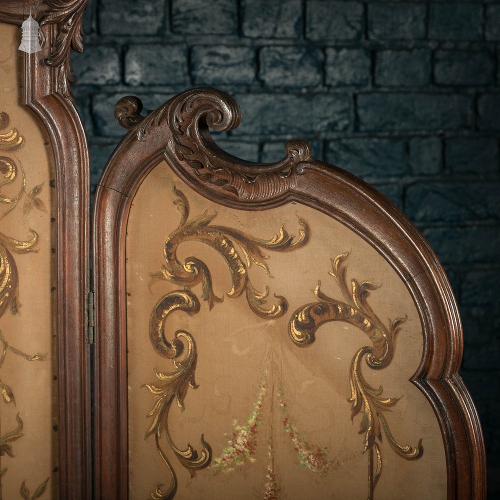 Three Panel Dressing Screen, 19th C French, Painted Canvas in Glazed Mahogany Frame