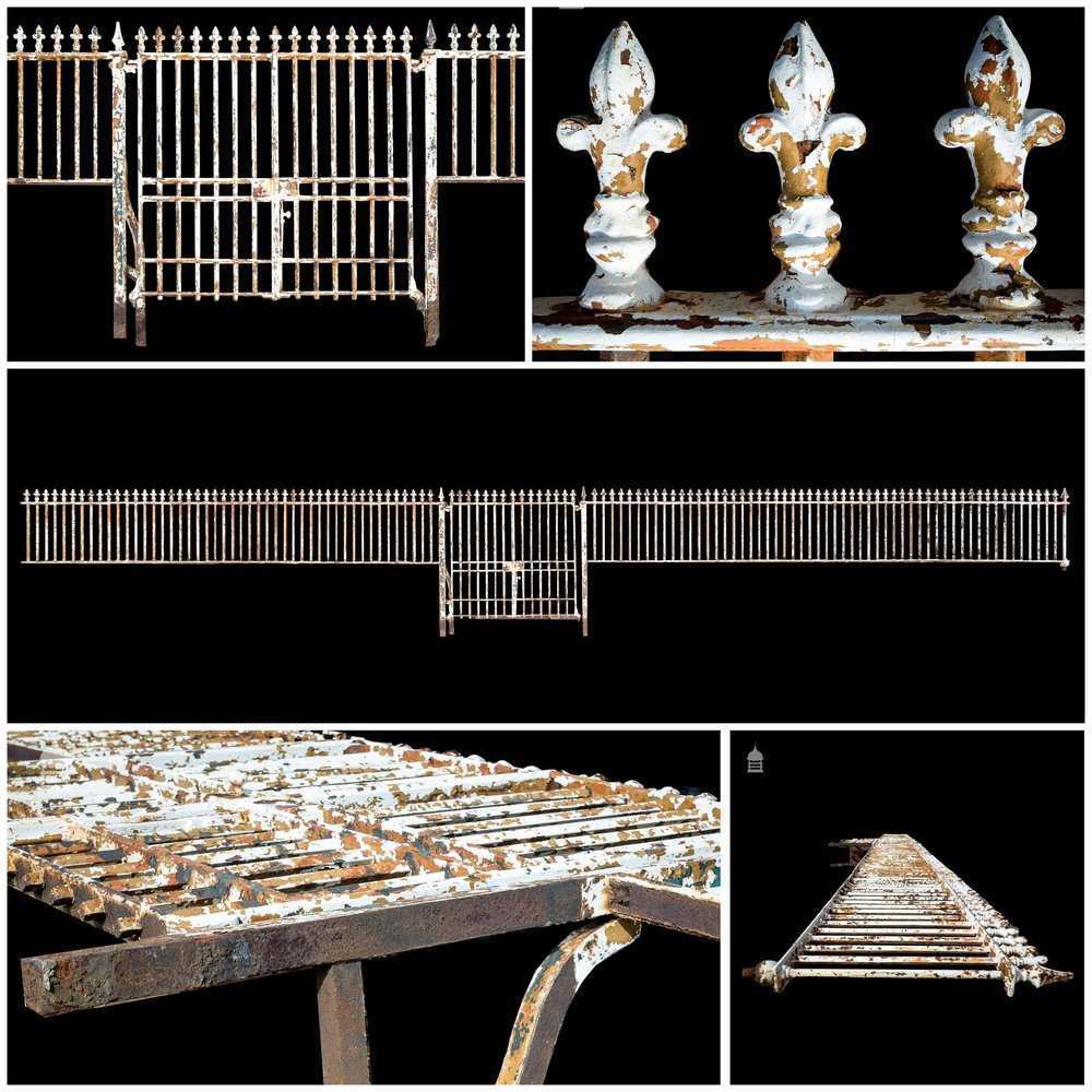 50ft Run of 19th C Cast Iron Entrance Gates and Railings with Fleur De Lis Details