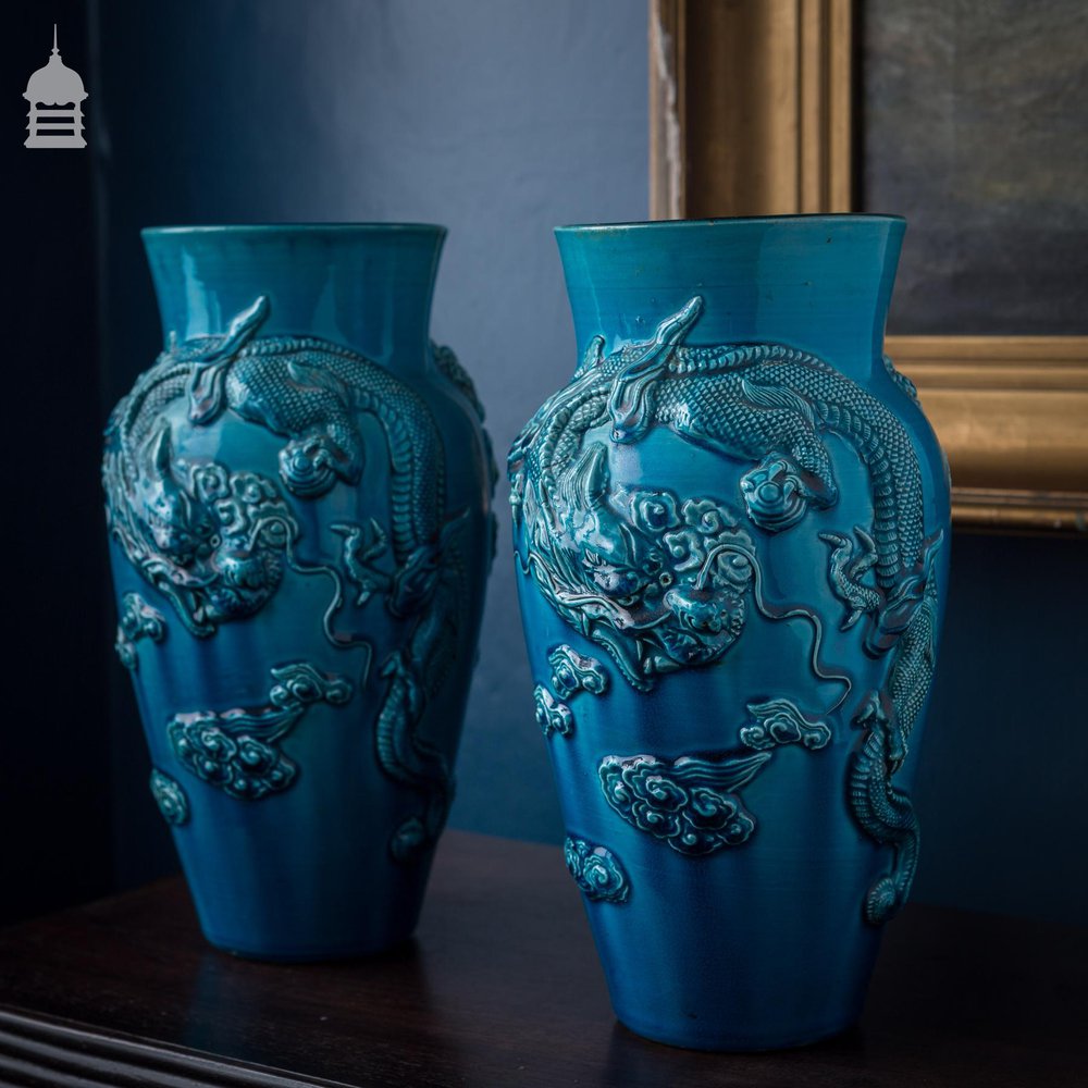 Pair of 19th C Blue Japanese Dragon Vases