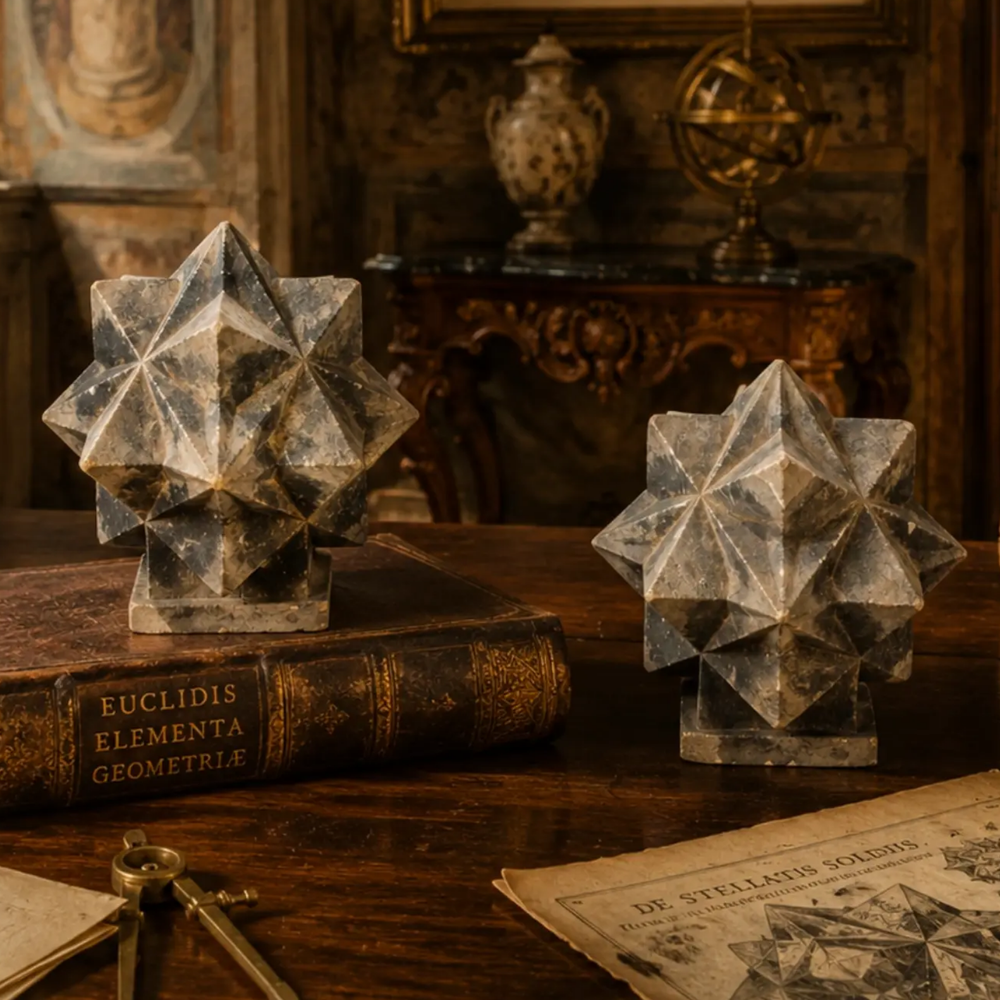 Pair of Carved Sandstone Stella Octangula Geometric Pier Caps